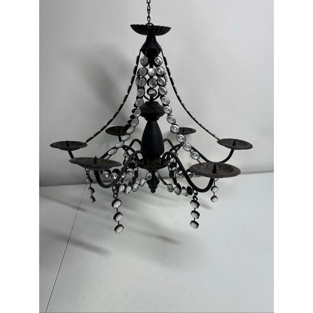 Rare Vintage Black Metal Hanging 6 Candle Holders Crystal Drops Trim See Note